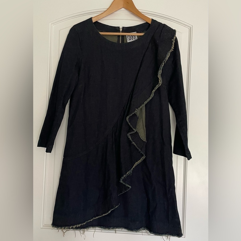 Prairie Underground Black Denim Avant Garde Dress Raw Hem Long Sleeve Size S